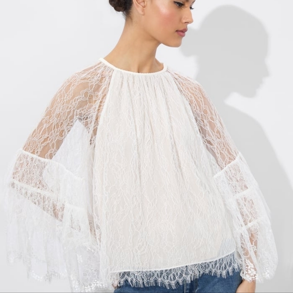 Alice + Olivia Delia Ruffled Lace Tunic Top Blouse White Sheer Mesh Bell Sleeve